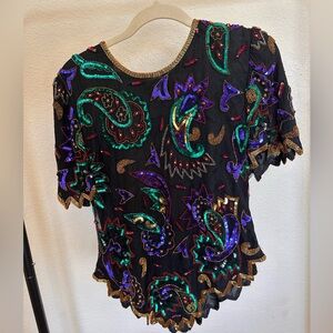 Vintage Laurence Kazar Black with Vibrant Embellished Blouse